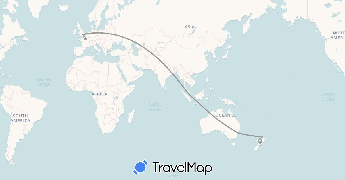 TravelMap itinerary: driving, plane in Australia, France, United Kingdom, New Zealand, Singapore (Asia, Europe, Oceania)